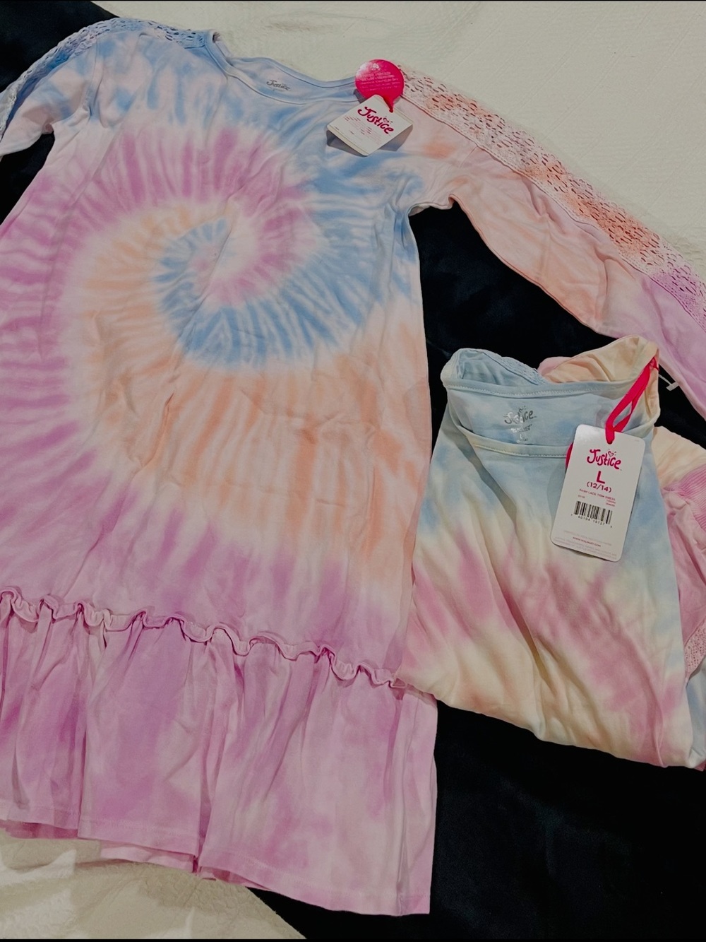 Justice Girls Tie-Dye lace trim Ruffle Hem Dress - Pastel Rainbow NWT